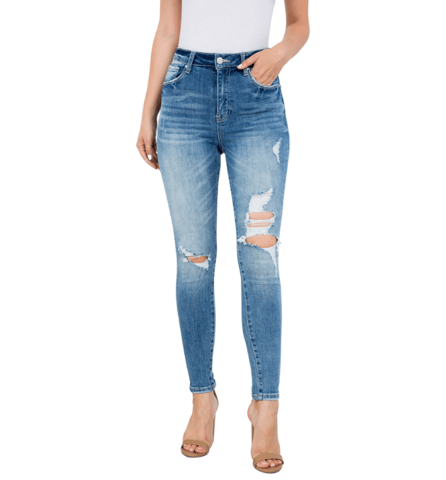 Medium High Rise Distressed Skinny Jeans - Hudson Square Boutique LLC