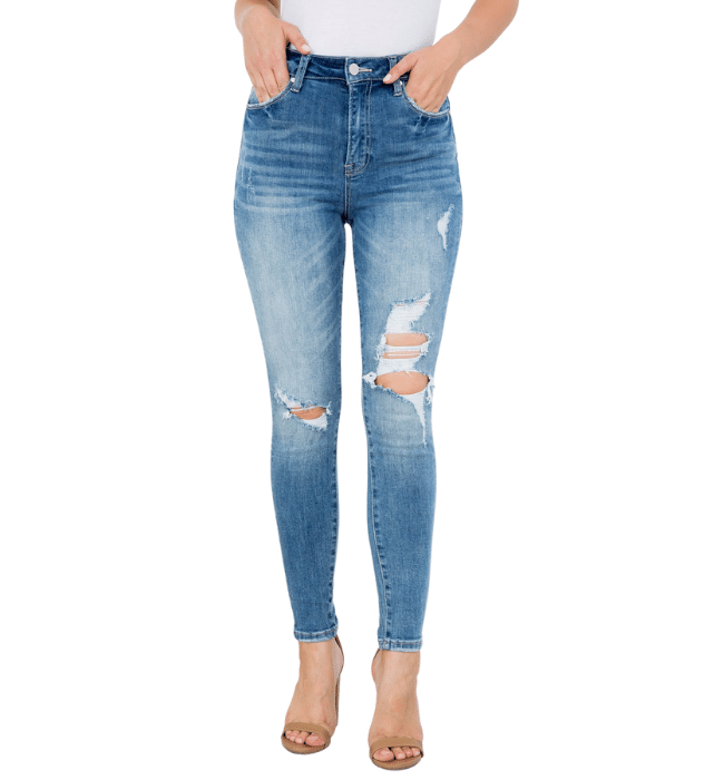 Medium High Rise Distressed Skinny Jeans - Hudson Square Boutique LLC