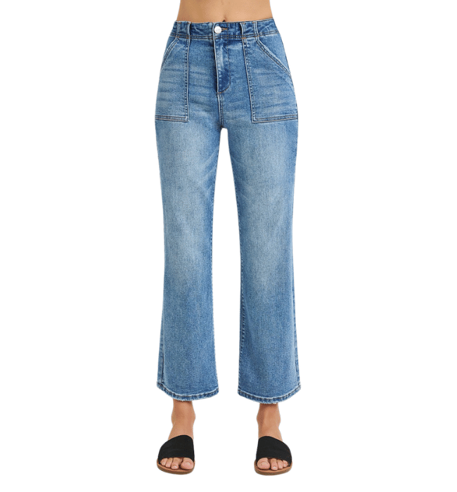 Elana High Rise Flare Patch Pocket Jeans
