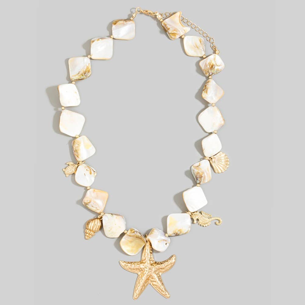 Gold Starfish & Coastal Charms Shell Stone Necklace