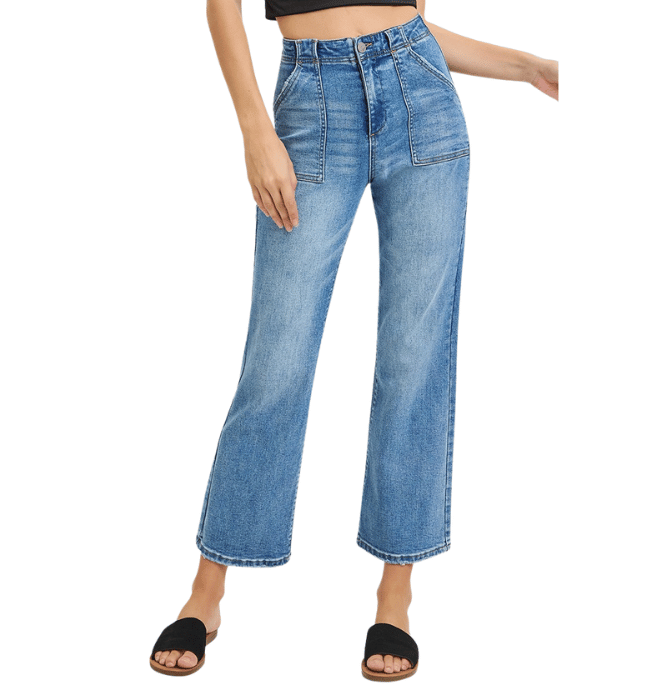 Elana High Rise Flare Patch Pocket Jeans