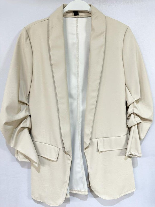 Frankie Ruched Sleeve Faux Leather Blazer