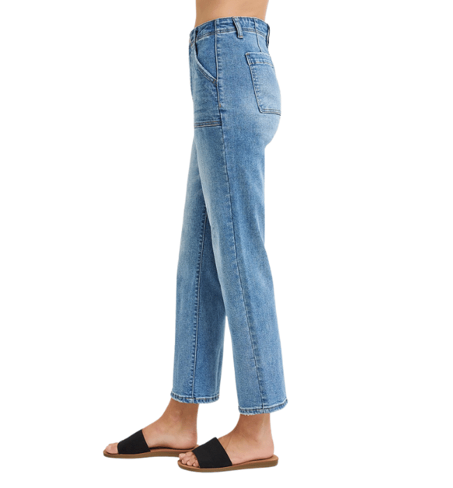 Elana High Rise Flare Patch Pocket Jeans