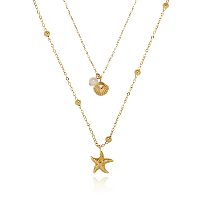 18K Gold Starfish + Shell Layered Necklace