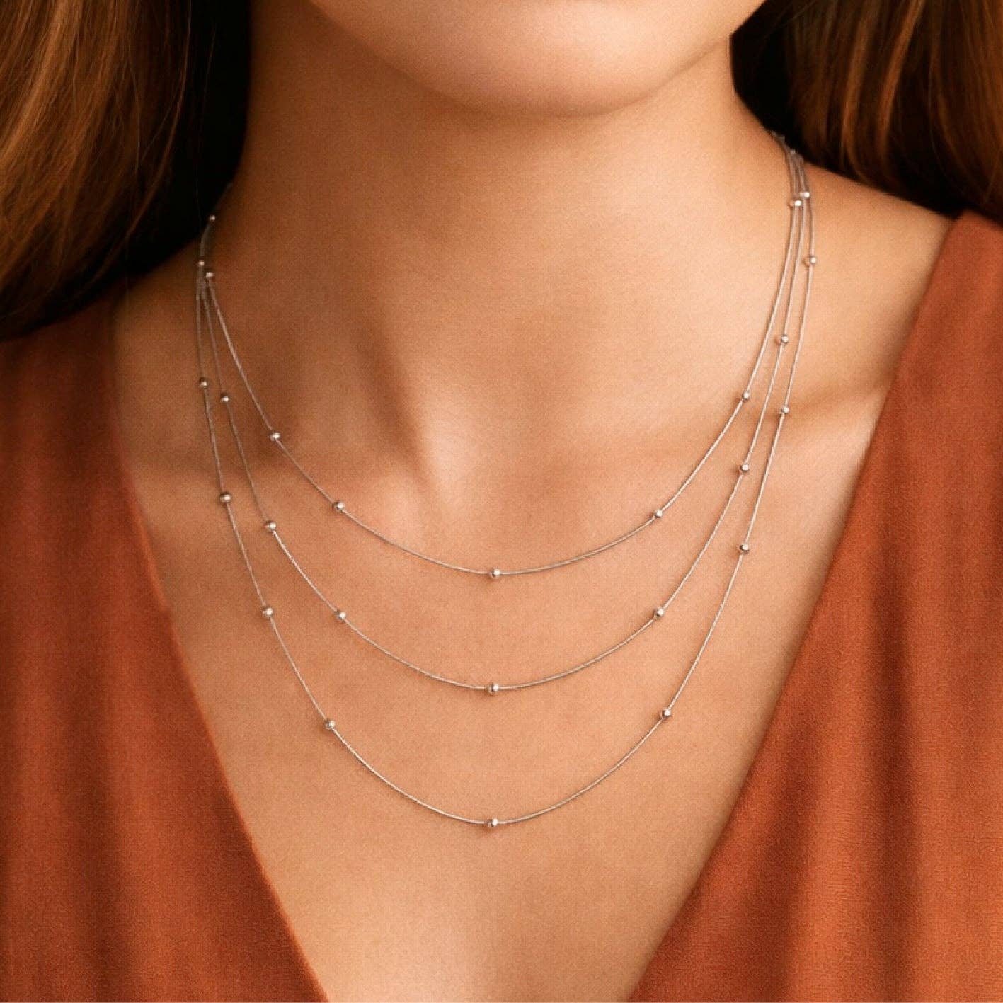 Tarnish-Resistant Stainless Steel Layered Ball Chain Necklace