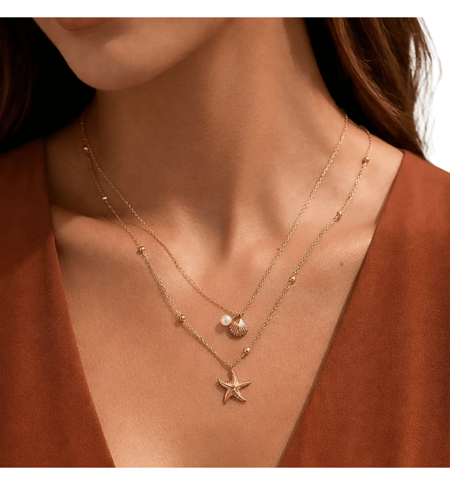 18K Gold Starfish + Shell Layered Necklace