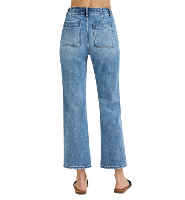 Elana High Rise Flare Patch Pocket Jeans