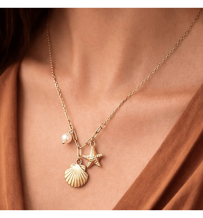 18K Gold Plated Starfish + Shell + Pearl Necklace