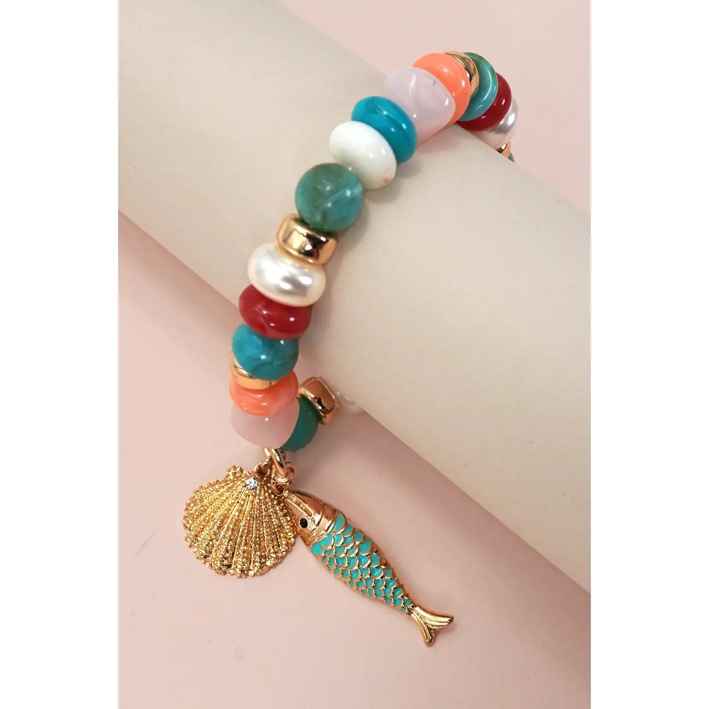Multi Pearl Stone Mix Beaded Gold Fish Bracelets