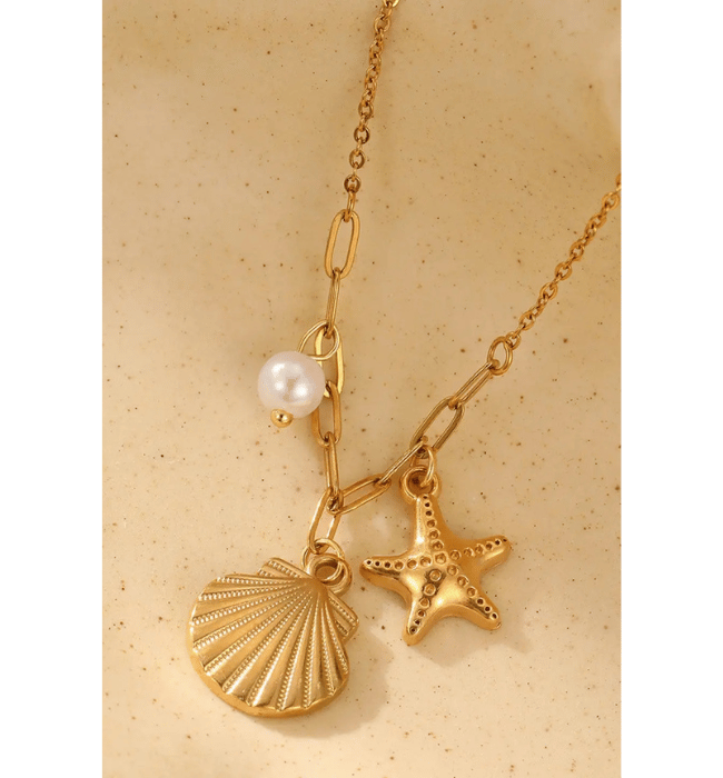 18K Gold Plated Starfish + Shell + Pearl Necklace