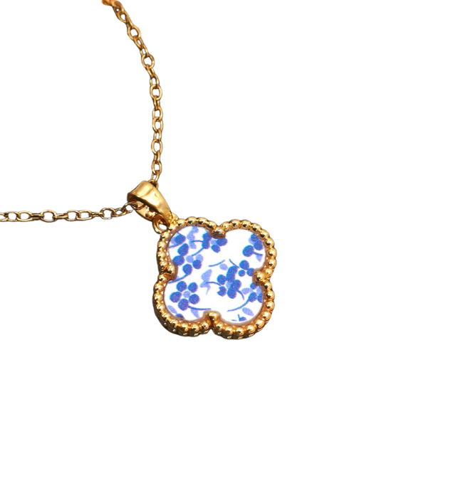 18K Stainless Steel Blue Ceramic Porcelain Necklace