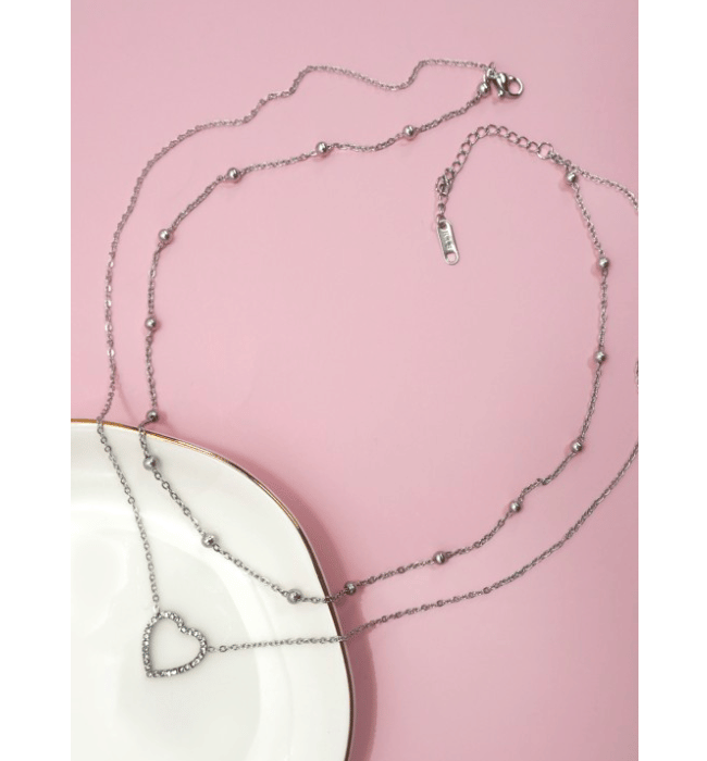 18K Stainless Steel Waterproof Tarnish-Free Multi-Layer Rhinestone Heart Charm Necklace