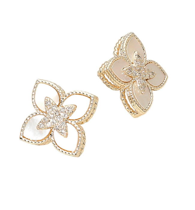 14k Cz Paved Mother Of Pearl Clover Stud Earrings