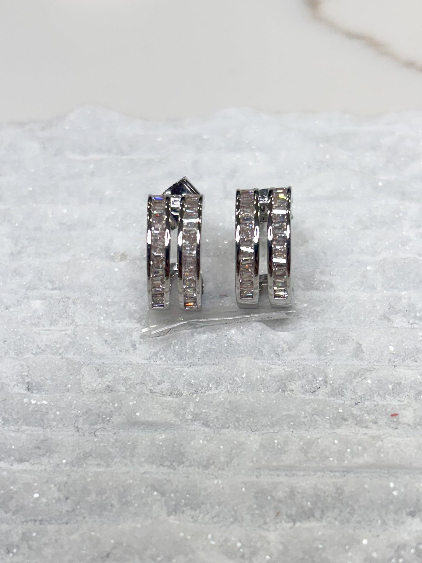 14k Silver Cz Stone Paved Split Mini Hoop Earrings