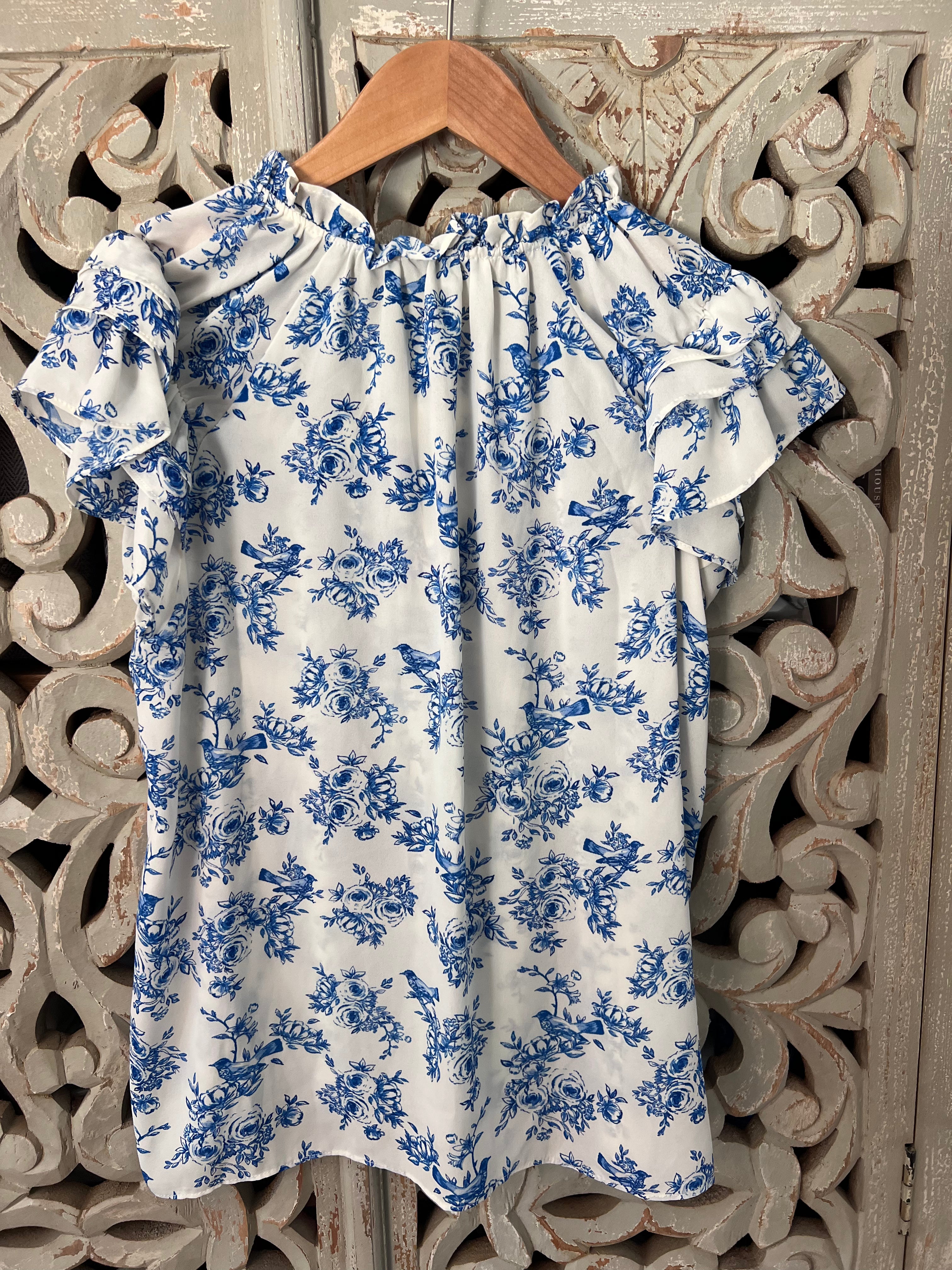 Blue + White Floral Top Size M (RESTYLE)