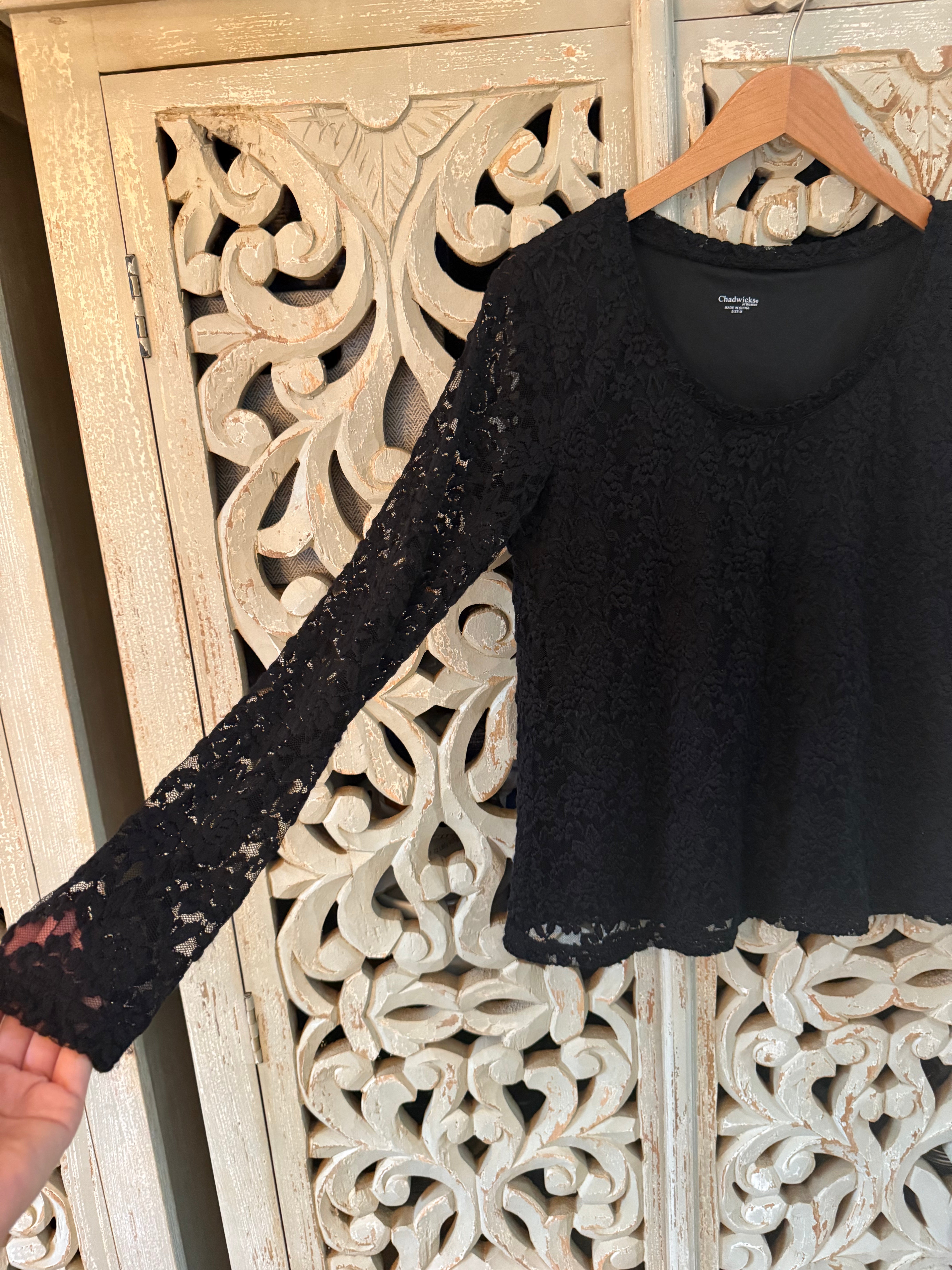 Black Lace Long Sleeve Top Size M (RESTYLE)