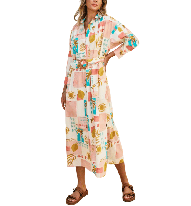 Moroccan Spring Buckled Belt Shirt Dress