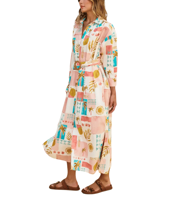 Moroccan Spring Buckled Belt Shirt Dress