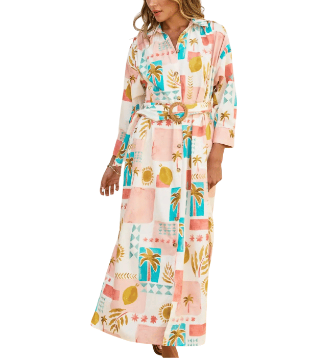 Moroccan Spring Buckled Belt Shirt Dress