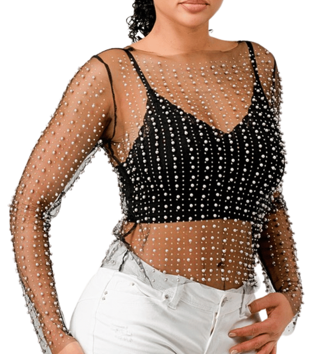 Rhinestone + Pearl Mesh Top