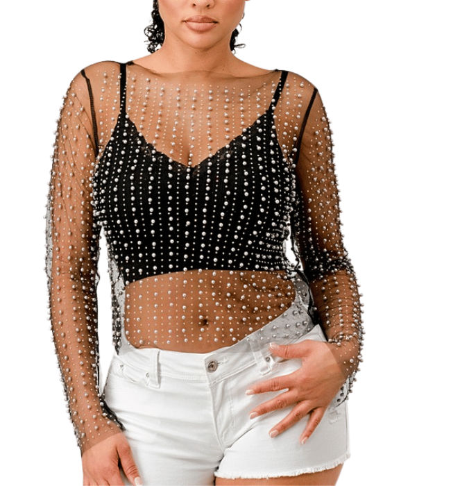 Rhinestone + Pearl Mesh Top