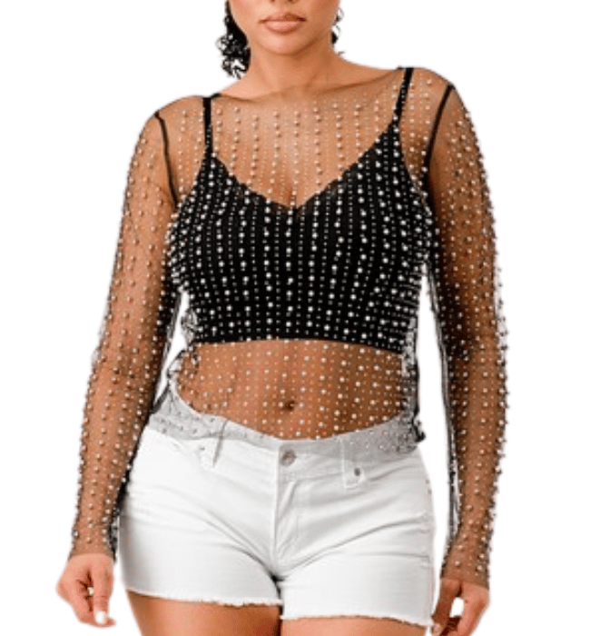 Rhinestone + Pearl Mesh Top