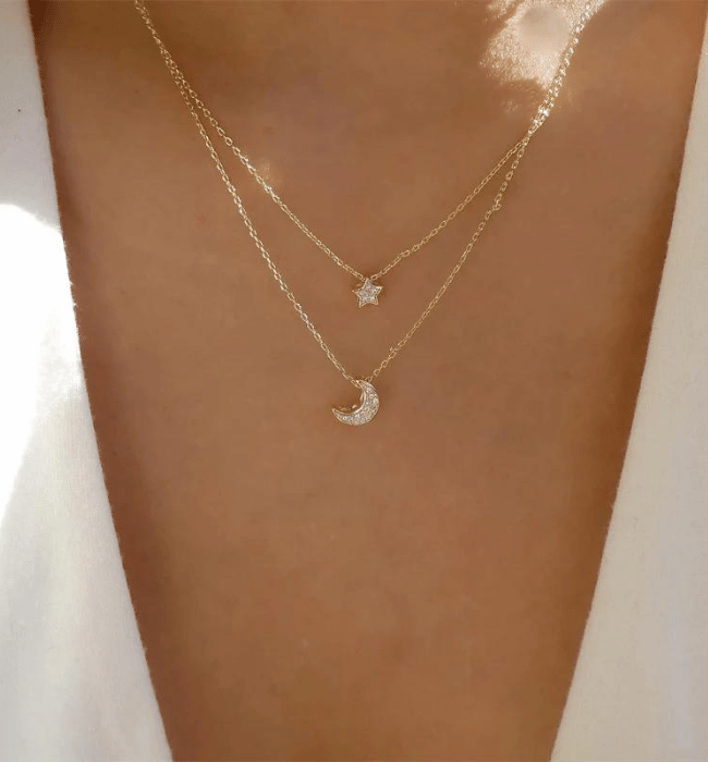 Gold Diamond Moon and Star Necklace