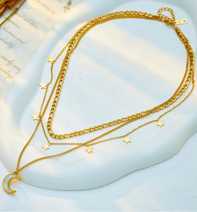 Layered Moon 18K Gold Non-Tarnish Stainless Steel Necklace