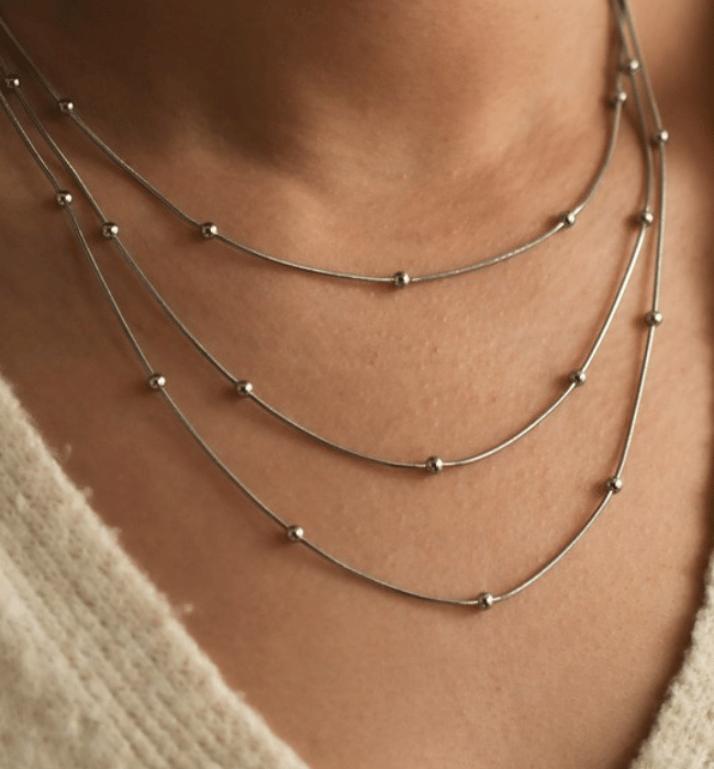 Silver Layered Waterproof Non-Tarnish Stainless Steel Necklace
