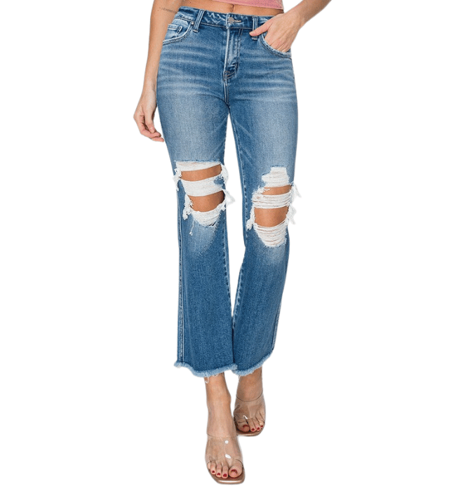 Tyra Mid Rise Distressed Ankle Flare Jeans