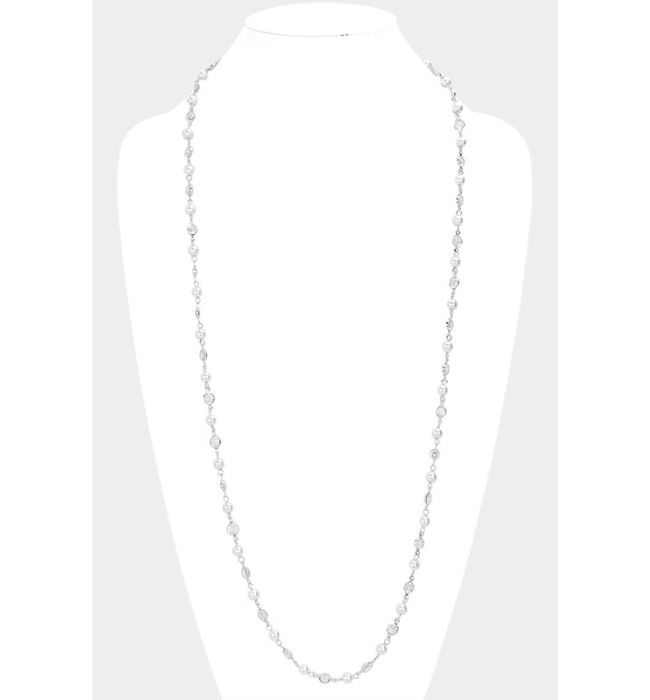 Pearl Clear Bezel Station Long Necklace