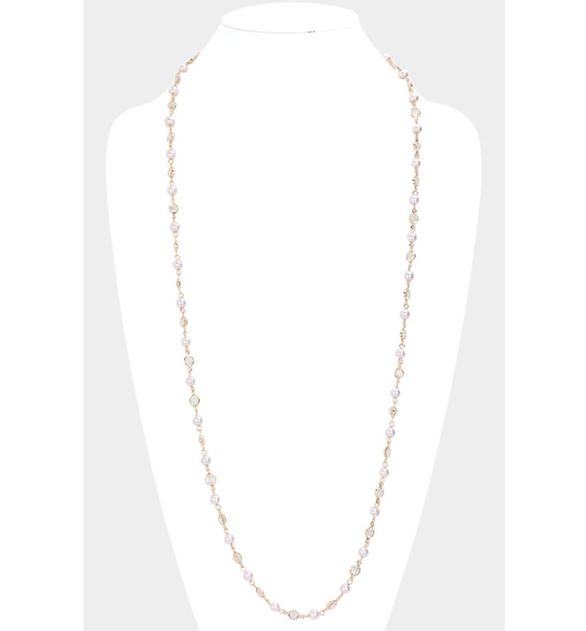 Pearl Clear Bezel Station Long Necklace