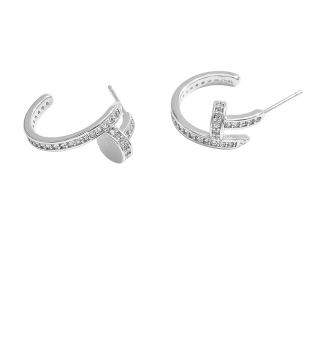 White Gold Cz Stone Paved Nail Mini Hoop Earrings