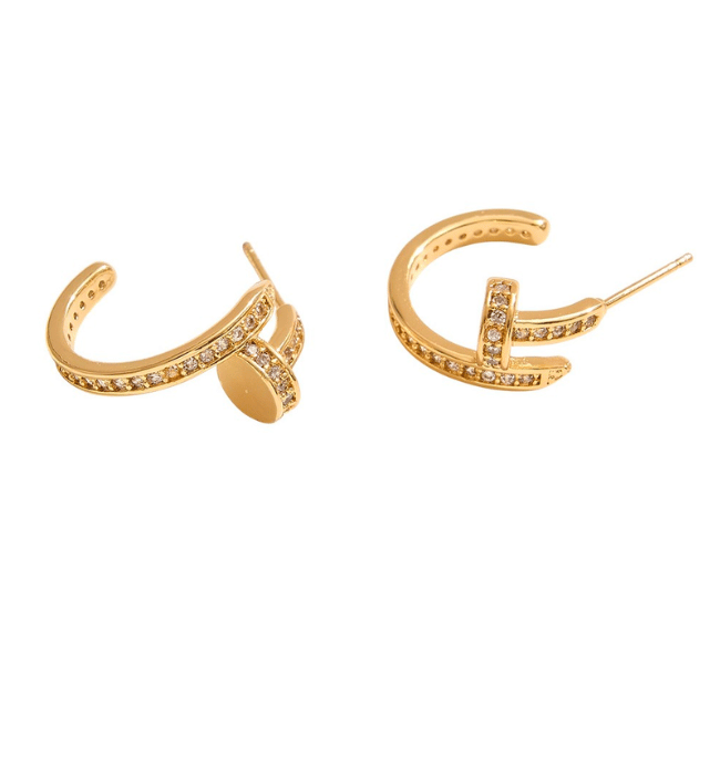 White Gold Cz Stone Paved Nail Mini Hoop Earrings