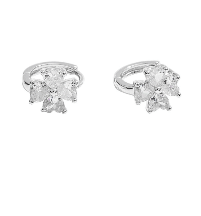 White Gold Cz Floral Mini Huggie Hoop Earrings