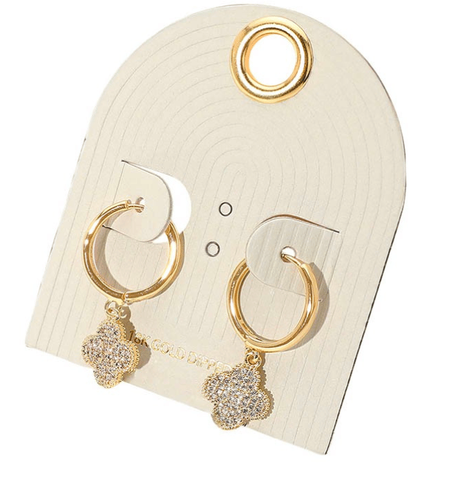 18k Gold Stone Paved Quatrefoil Mini Hoop Earrings