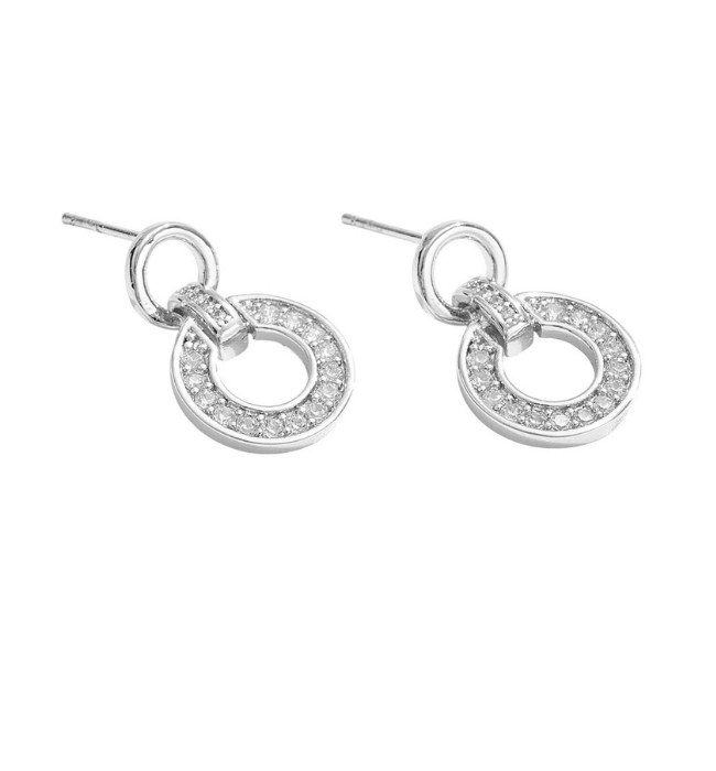 White Gold Cz Stone Paved Hoop Link Drop Earrings