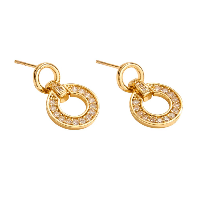 White Gold Cz Stone Paved Hoop Link Drop Earrings