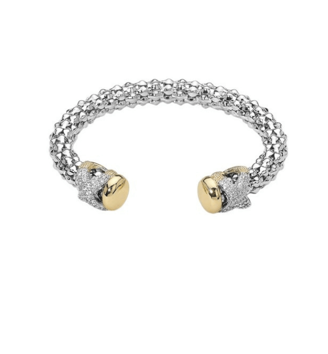 CZ paved crisscross tip two-tone cuff bracelet