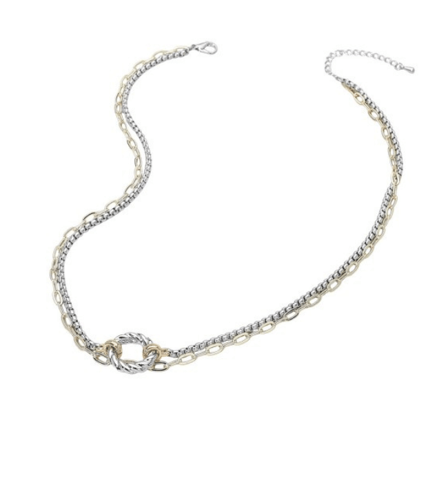 14k Two Tone Textured Ring Dual Chain Necklace