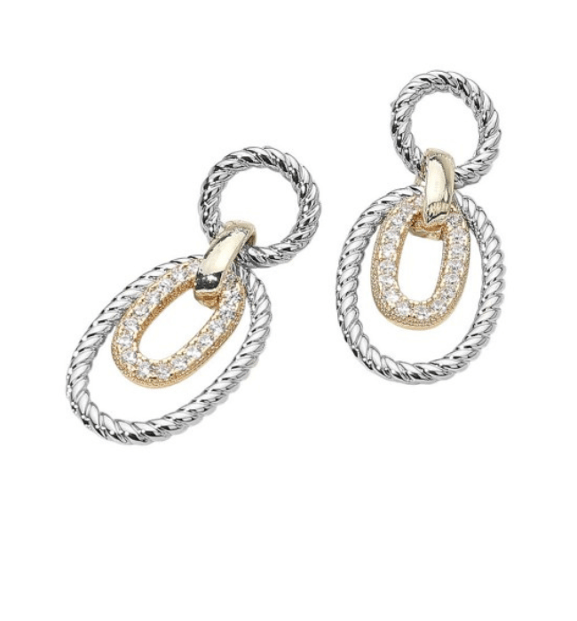 14k Cz Paved Oval Center Twisted Oval Earrings