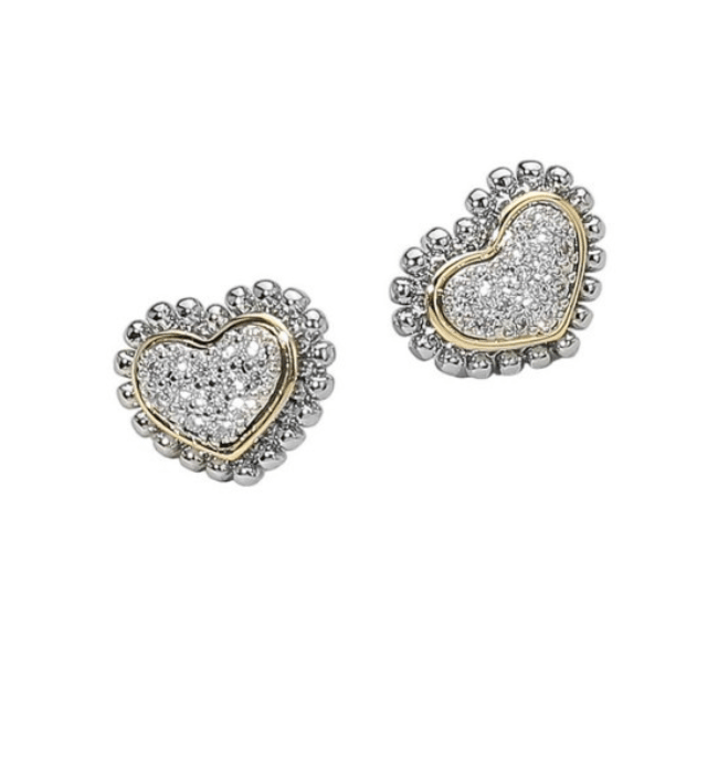 14k Gold Two Tone Cz Paved Heart Stud Earrings
