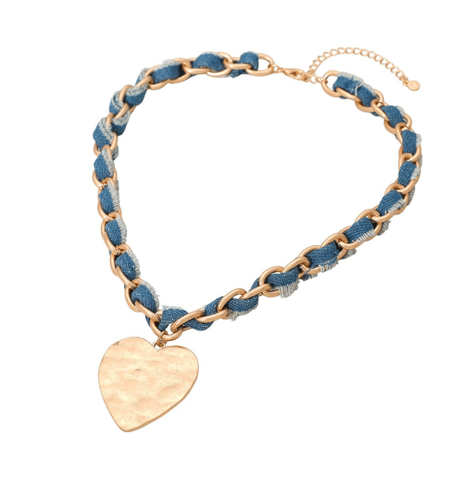 Brushed Hammered Metal Heart Denim Fabric Necklace