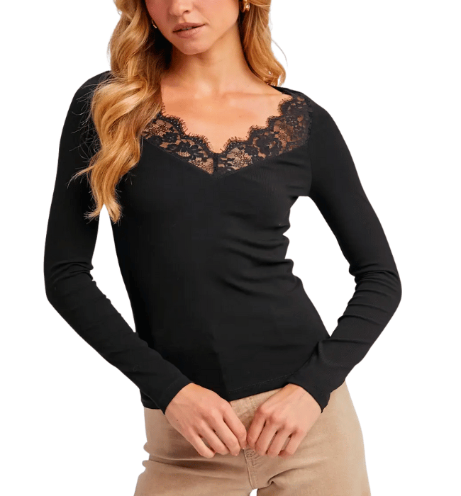V-Neck Lace Trim Ribbed Knit Long Sleeve Top