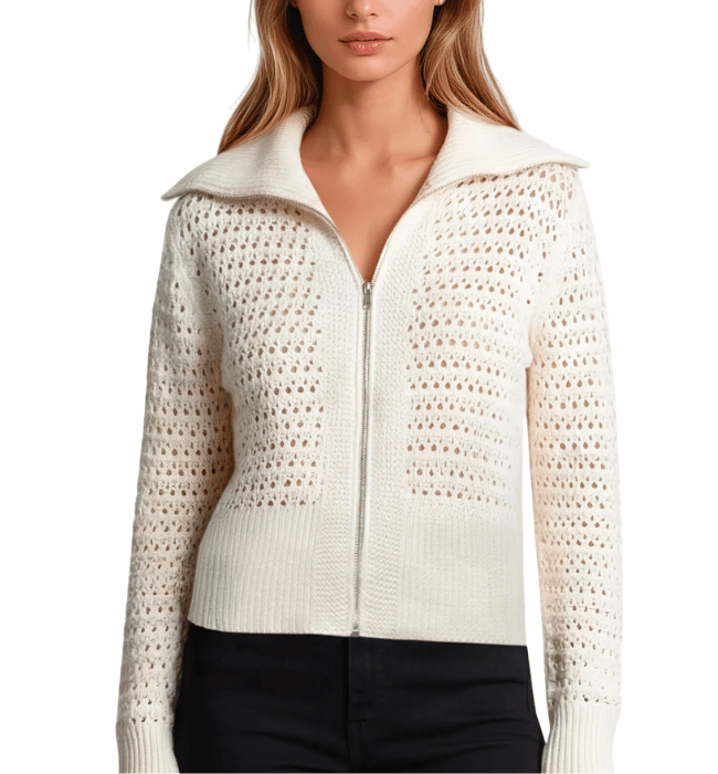 Zip-Up Pointelle Open Knit Sweater Jacket