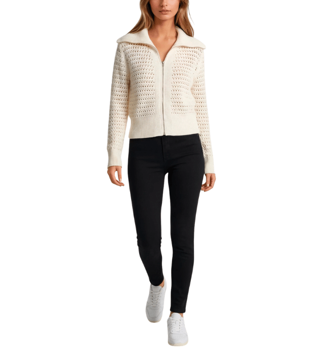 Zip-Up Pointelle Open Knit Sweater Jacket
