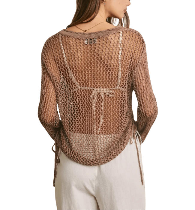 Ruched Side Long Sleeve Open Knitted Top