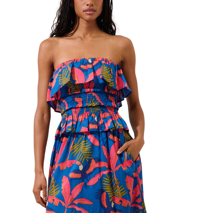 Camile Strapless Smocked Top Tropical