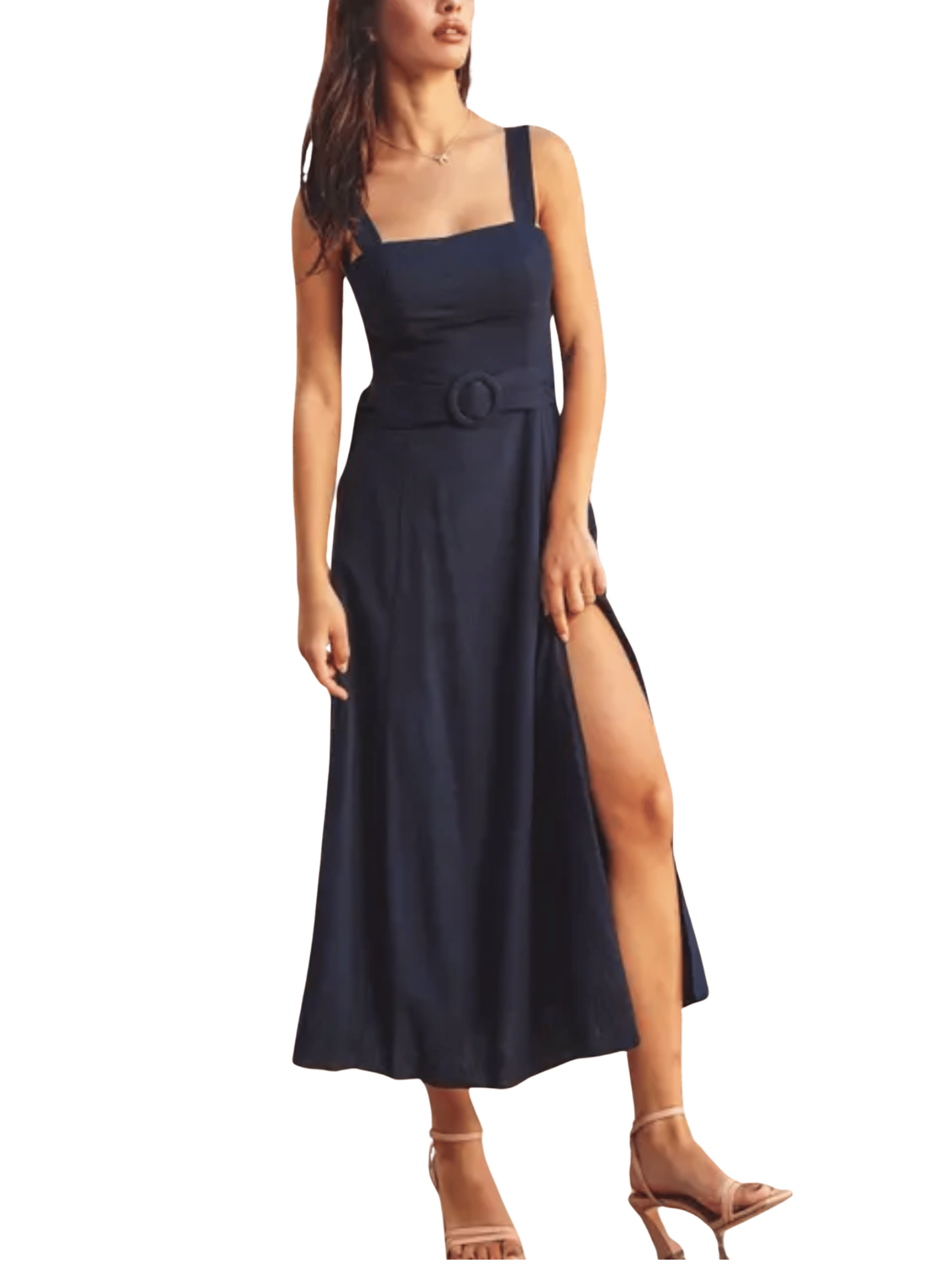 Navy Linen Square Neck Dress