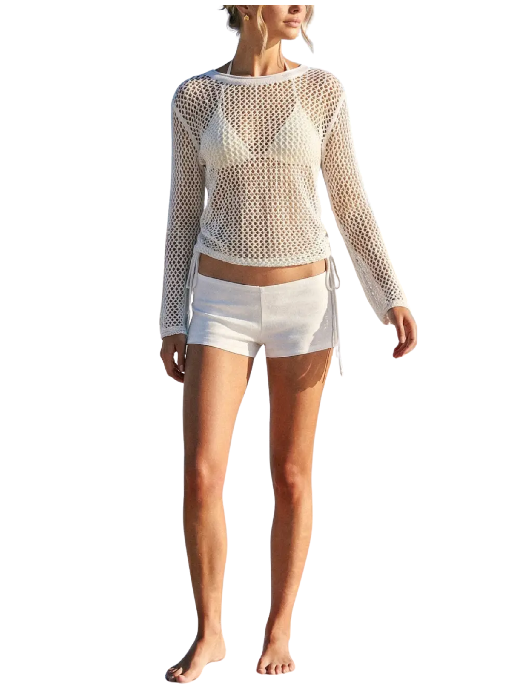 Ruched Side Long Sleeve Open Knitted Top